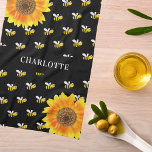 Bees black yellow sunflowers name tea towel<br><div class="desc">Decorated with happy,  smiling yellow and black bumble bees and watercolored sunflowers. A chic black background. Personalise and add a name,  family name.</div>