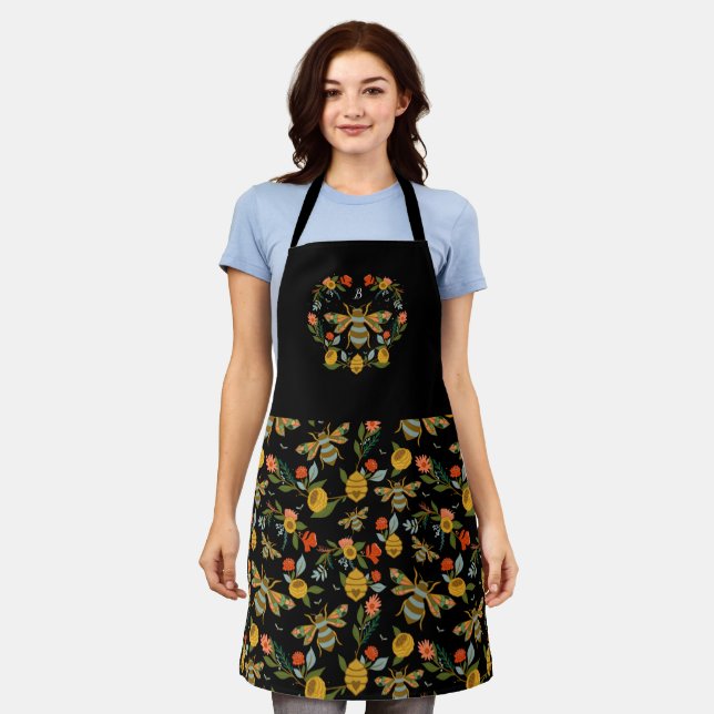 Bees & Bloom Floral Elegant & Decorative Honey Bee Apron (Worn)
