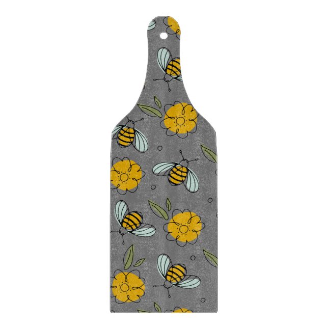 Bees & Buttercups on Grey  Cutting Board (Front)
