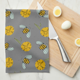 Bees & Buttercups on Grey  Tea Towel