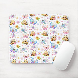 Bees, Dragonflies and Butterflies Kawaii Art Mouse Mat