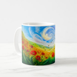 Bees drifting over windy poppy field coffee mug