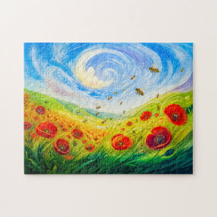 Bees drifting over windy poppy field jigsaw puzzle