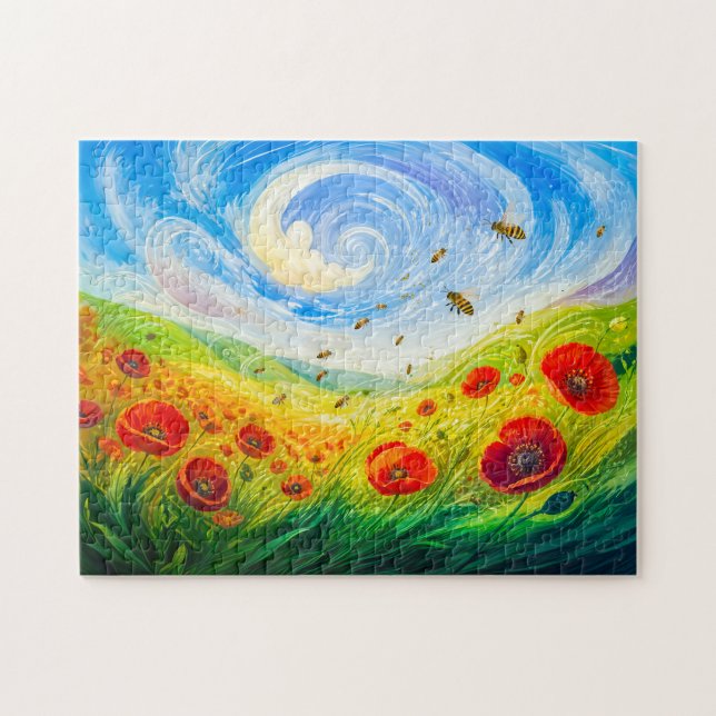 Bees drifting over windy poppy field jigsaw puzzle (Horizontal)