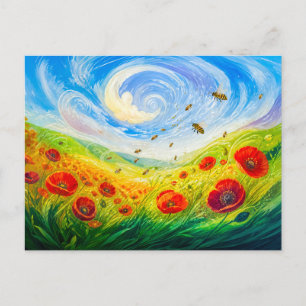 Bees drifting over windy poppy field postcard