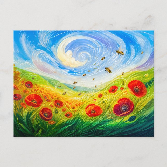 Bees drifting over windy poppy field postcard (Front)