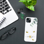Bees eucalyptus greenery white monogram Case-Mate iPhone case<br><div class="desc">A chic white background. Decorated with watercolored eucalyptus greenery, foliage and cute, happy smiling bumble bees. Personalise and add your monogram letter, initial and name. The name is written with a modern hand lettered style script with swashes. The name in black and the monogram letter in yellow. To keep the...</div>