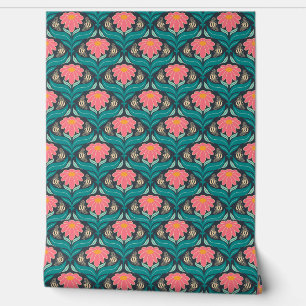 Bees Flower Reddish Pink on Dark Blue Wallpaper