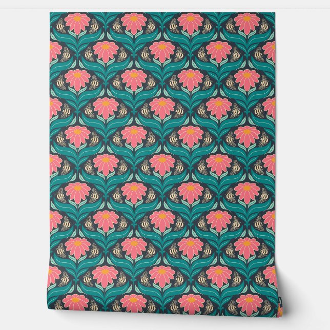 Bees Flower Reddish Pink on Dark Blue Wallpaper (Unrolling)