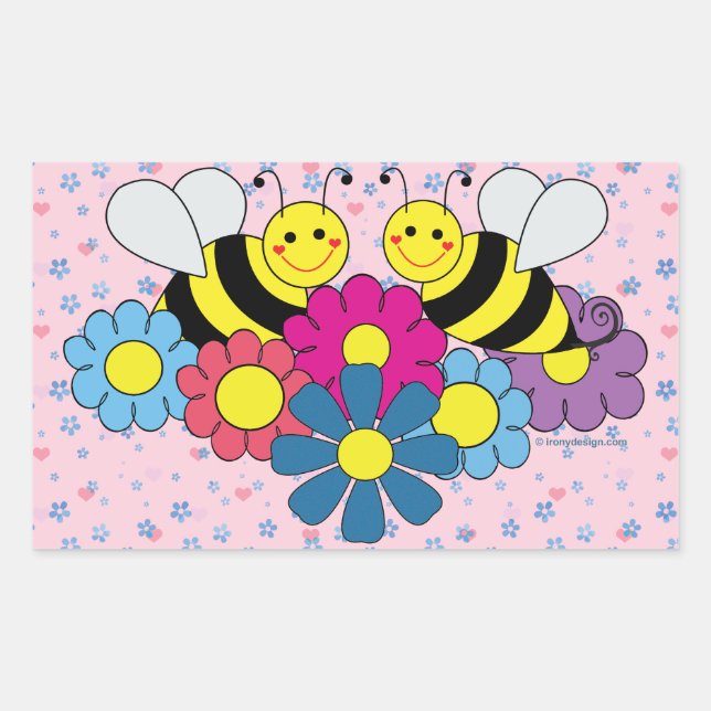 Bees & Flowers Design Illustration Rectangular Sticker (Front)