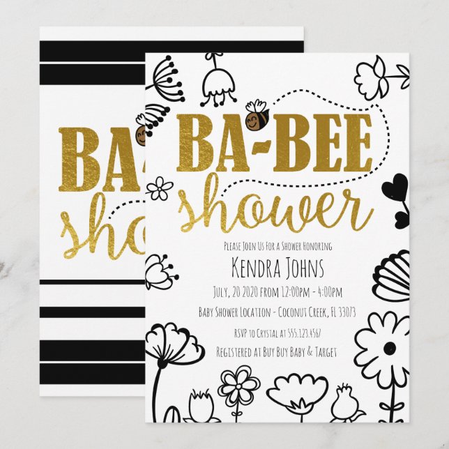 Bees & Flowers, Modern Baby Shower Invitation (Front/Back)
