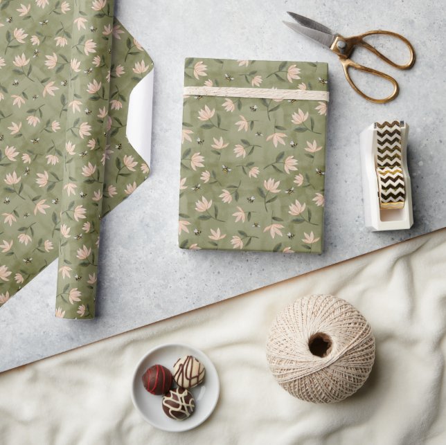 Bees Flowers Sage Green Wrapping Paper (Crafts)