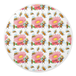 Bees Flying Around Spring Flowers Ceramic Knob