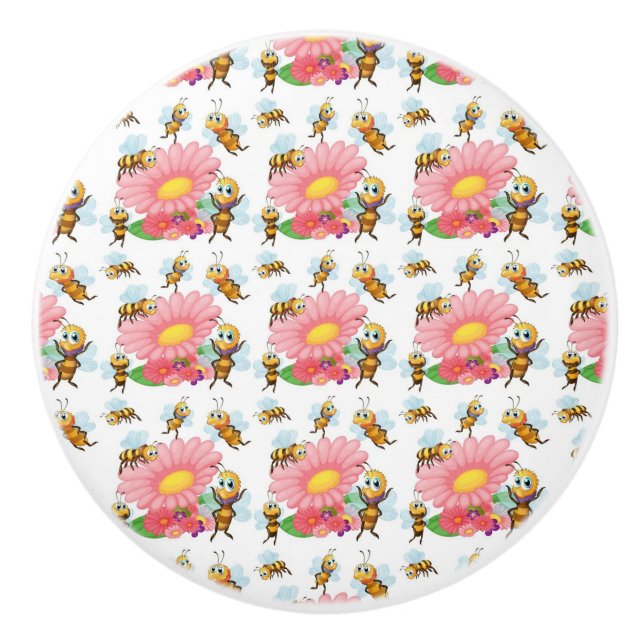 Bees Flying Around Spring Flowers Ceramic Knob (Front)