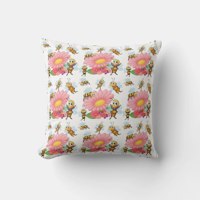 Bees Flying Around Spring Flowers Cushion (Front)