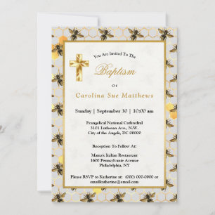 Bees Gold Honeycomb Baptism Invitation