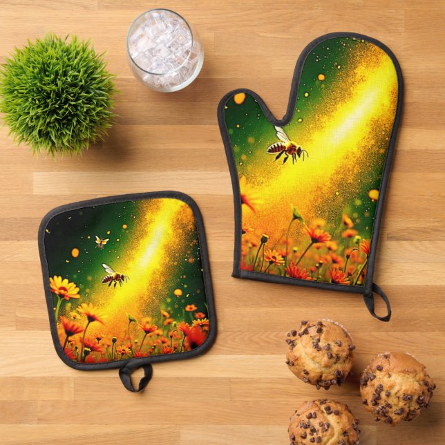 Bees' Golden Pollen Burst Joy Design Oven Mitt & Pot Holder Set (Top Down)