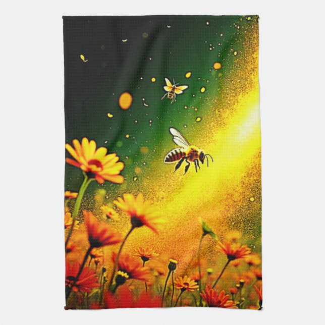 Bees' Golden Pollen Burst Joy Design Tea Towel (Vertical)