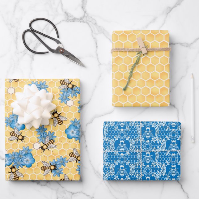 Bees Honey Honeycomb Wrapping Paper Set of 3 (Front)