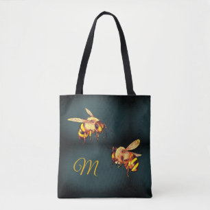 Bees Honey Retro Vintage Marble Monogram Tote Bag