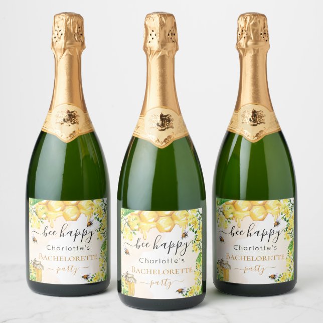 Bees honey yellow floral bachelorette party sparkling wine label (Bottles)