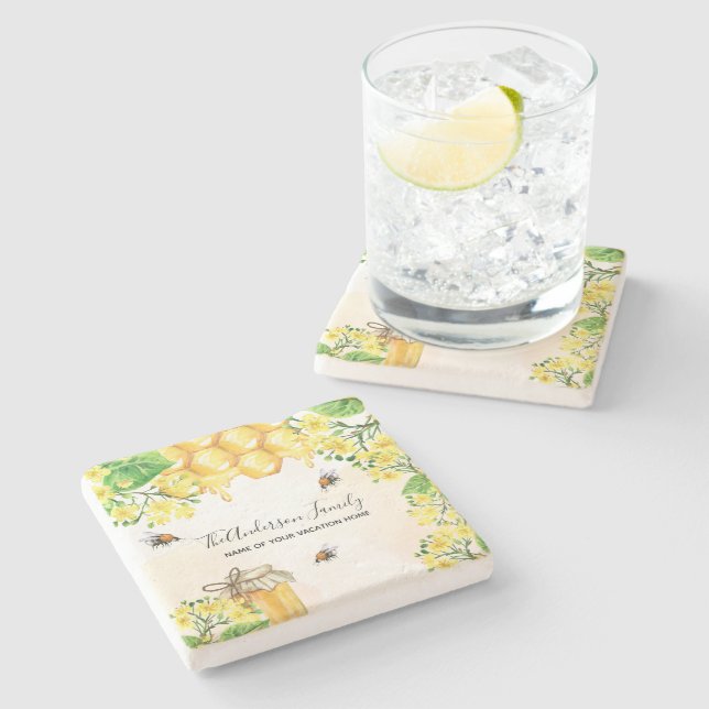 Bees honey yellow florals family monogram  stone coaster (Side)