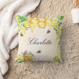 Bees honey yellow flowers name script cushion