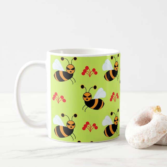 Bees Honeybee Red Flowers Pattern Coffee Mug (With Donut)