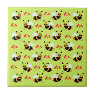 Bees Honeybee Red Flowers Pattern Tile