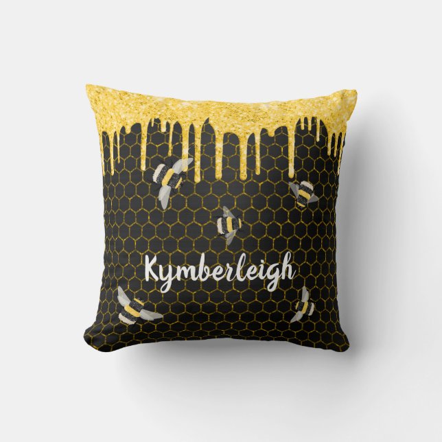 Bees Honeycomb Black Gold Glitter Drips Glam Name Cushion (Front)