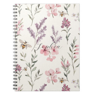 Bees Lavender Pink Flowers Notebook