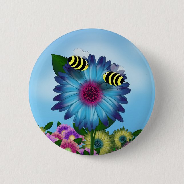Bee's Lunch Date on Blue Flower 6 Cm Round Badge (Front)