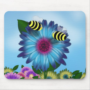 Bee's Lunch Date on Blue Flower Mouse Mat