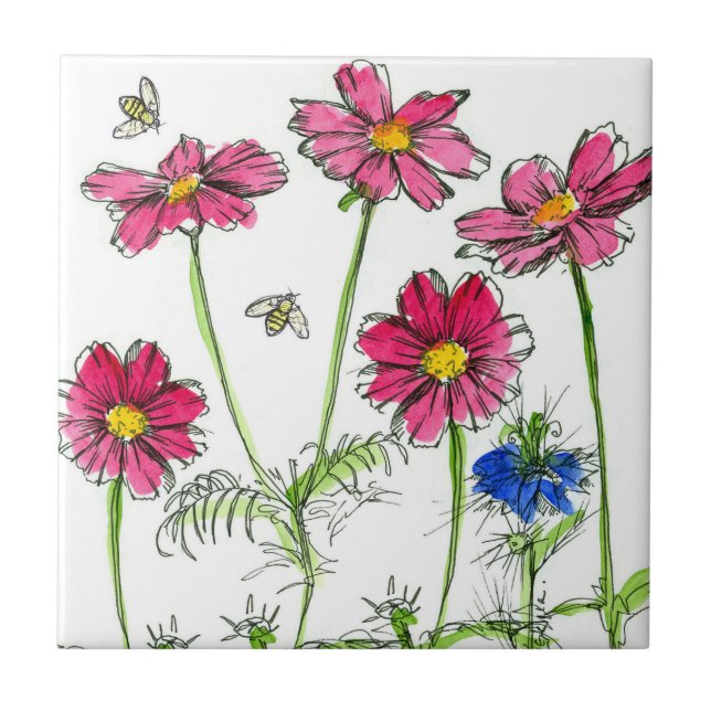 Bees Nigella Hot Pink Cosmos Watercolor Flowers Tile (Front)