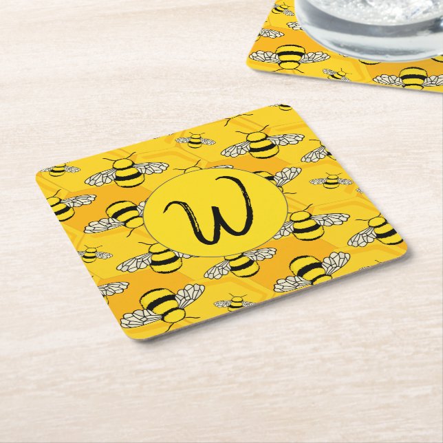 Bees on a Hive Personalised Yellow Square Paper Coaster (Angled)