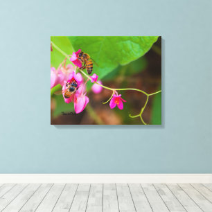 Bees On Coral Vine Flowers Canvas Print