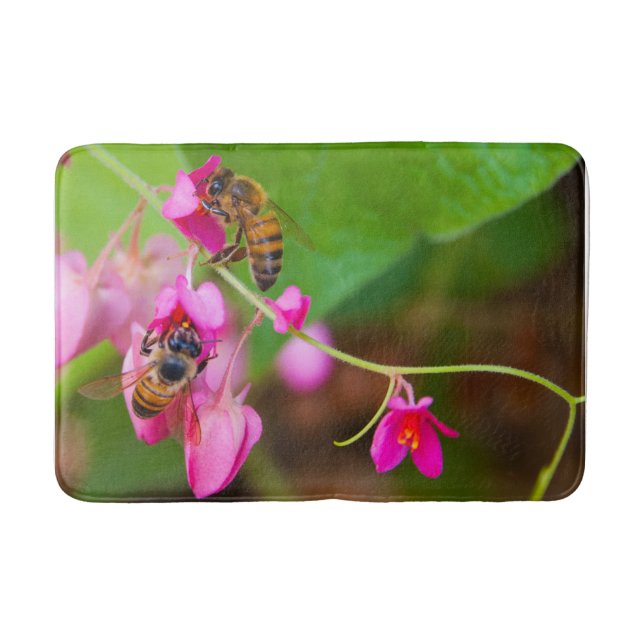 Bees On Coral Vine Flowers Photograph Bath Mat (Front)