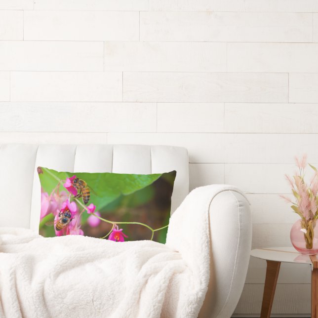 Bees On Coral Vine Flowers Photograph Lumbar Cushion (Couch)