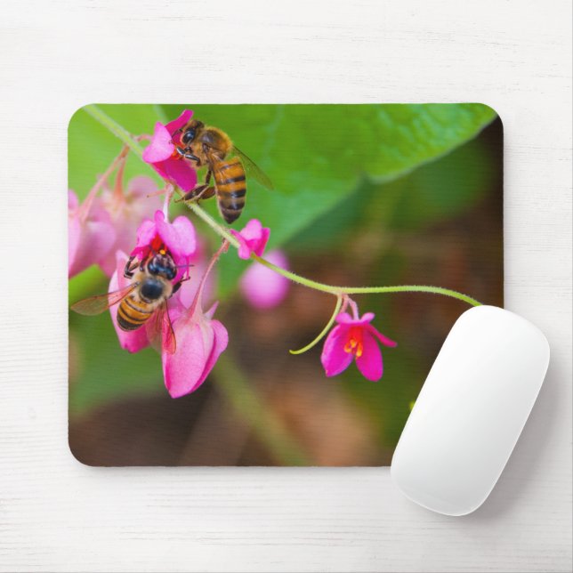 Bees On Coral Vine Flowers Photograph Mouse Mat (With Mouse)