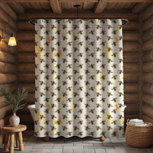Bees on Honeycomb Pattern Yellow Gold Grey Rustic Shower Curtain