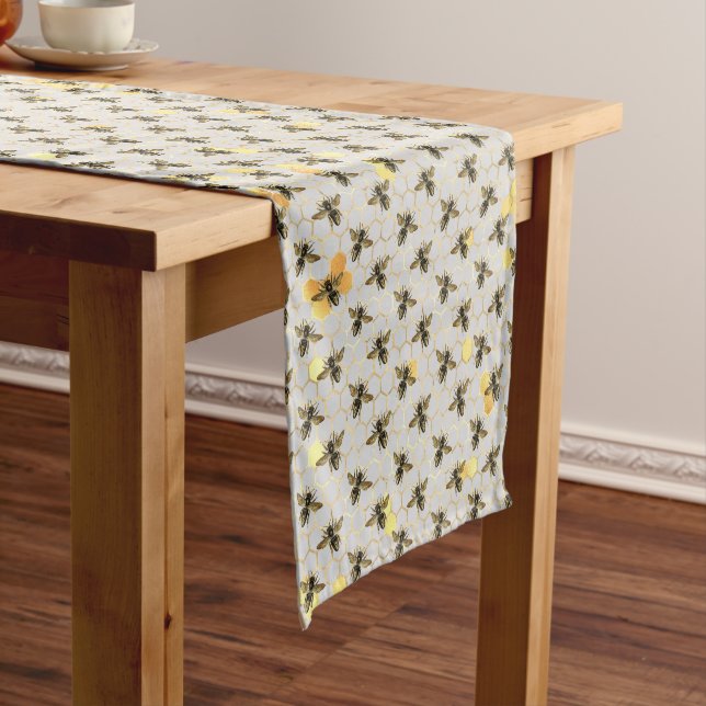 Bees on Honeycomb Pattern Yellow Gold Grey Short Table Runner (In Situ)