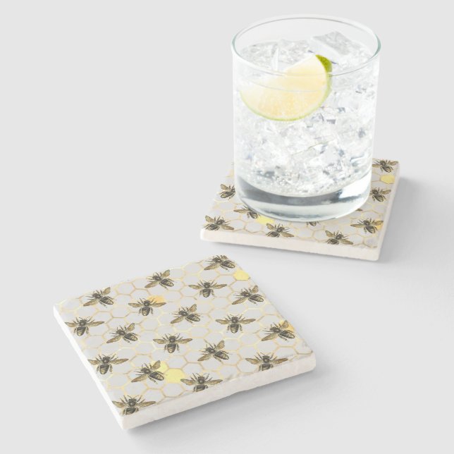 Bees on Honeycomb Pattern Yellow Gold Grey Stone Coaster (Side)