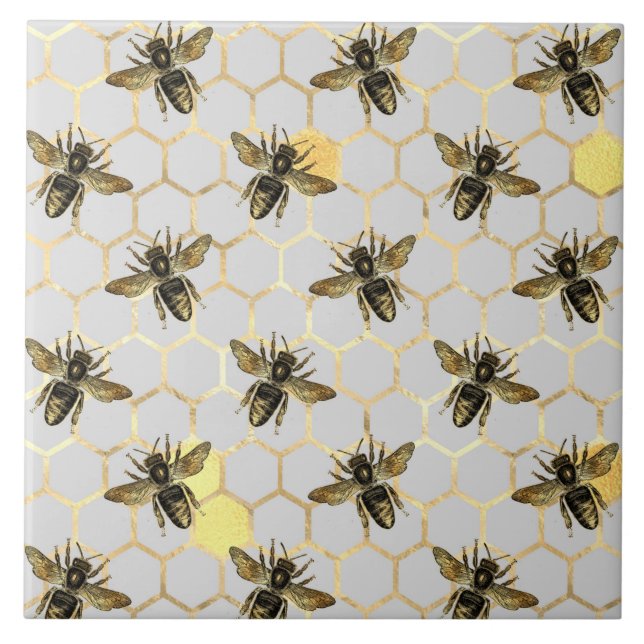 Bees on Honeycomb Pattern Yellow Gold Grey Tile (Front)