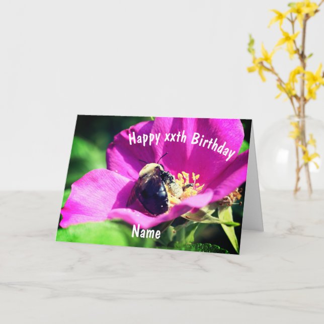 Bees On Rose Flower Personalised Birthday Card (Yellow Flower)