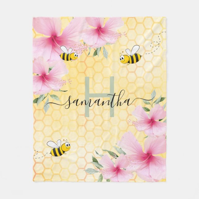 Bees pink florals yellow honeycomb monogram fleece blanket (Front)