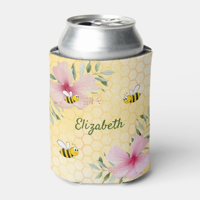 Bees pink flowers yellow name can cooler (Can Front)