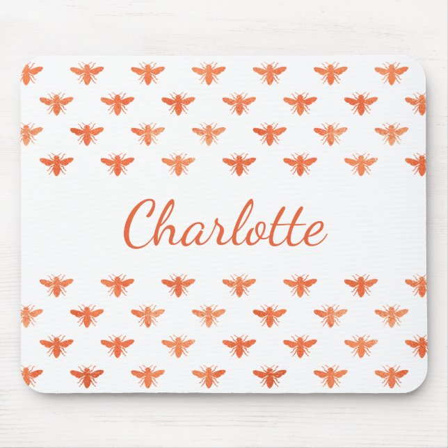 Bees rose gold monogram name script white mouse mat (Front)