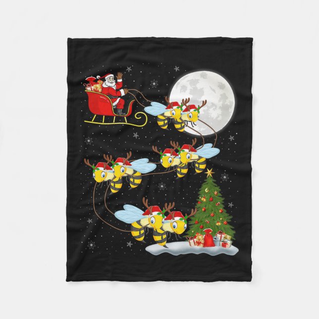 Bees Santa Sleigh Flying Funny Magical Christmas P Fleece Blanket (Front)