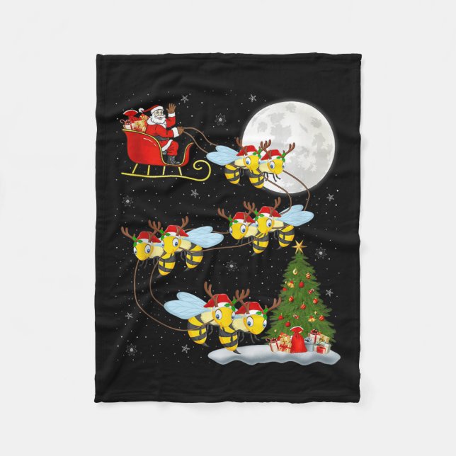 Bees Santa Sleigh Flying Funny Magical Christmas T Fleece Blanket (Front)