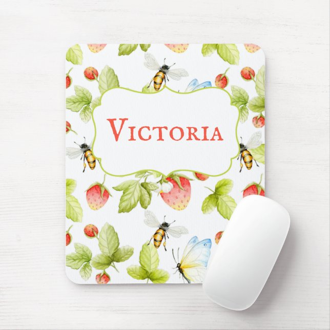 Bees Strawberries Butterflies Spring Summer  Mouse Mat (With Mouse)